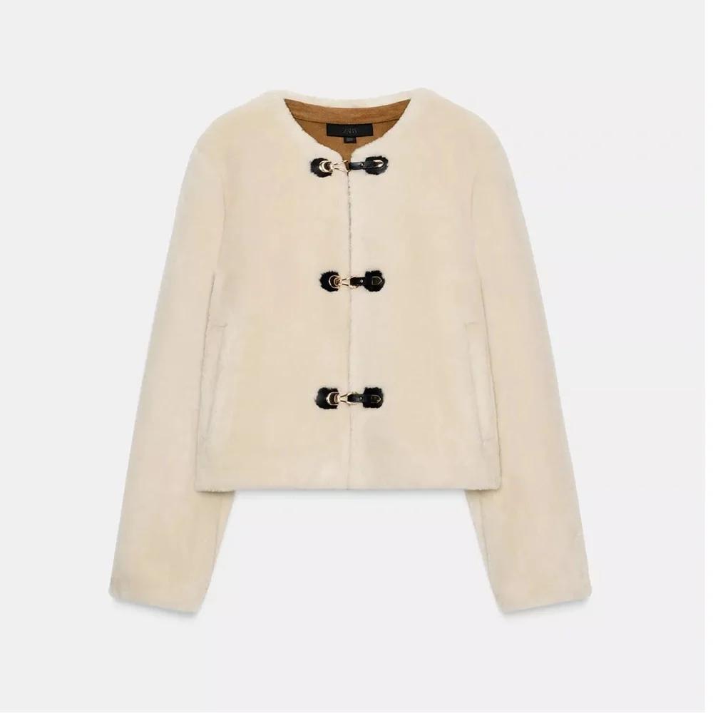Zara Faux Fur Jacket with Fireman Clasp Ecru NWT - Picture 5 of 7